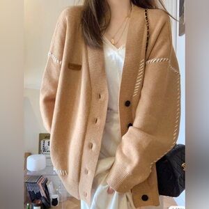 Tan V-Neck Button-Up Women's Cardigan Sweater - Size M